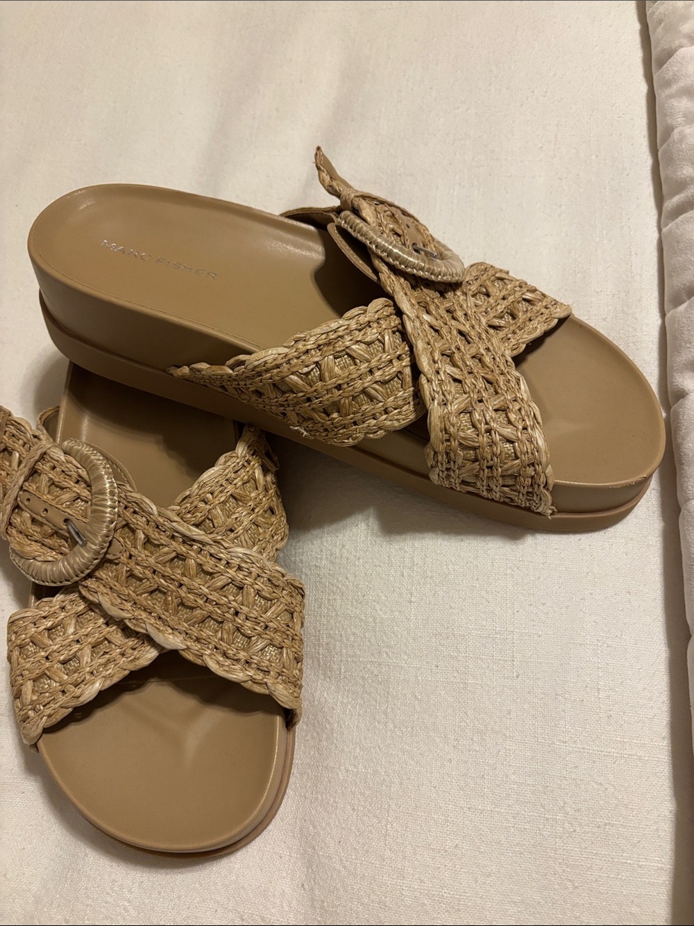 Marc Fisher Tan Woven Cross-Band Slide Sandals